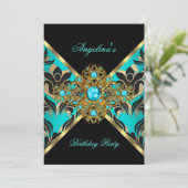 Aquamarine Blue Gold Black Damask Floral Geburtsta Einladung (Stehend Vorderseite)