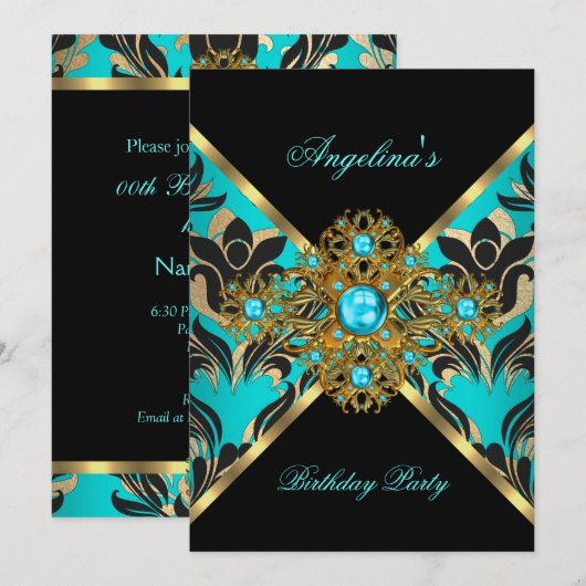 Aquamarine Blue Gold Black Damask Floral Geburtsta Einladung (Vorne/Hinten)