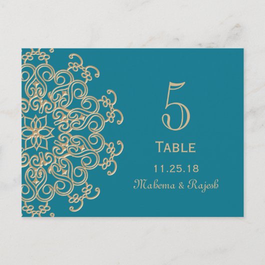 AQUAMARINE BLUE GOLD INDIAN WEDD TISCHNUMMER (Vorderseite)