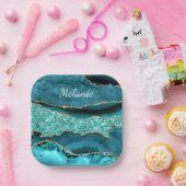 Aquamarine Blue-Gold-Marmor-Individuelle Name-Papi Pappteller (Party)