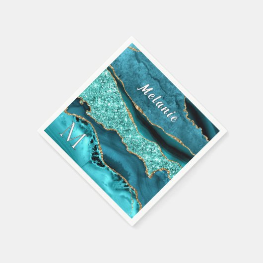 Aquamarine Blue-Gold-Napkins mit Individuelle Name Serviette (Ecke)
