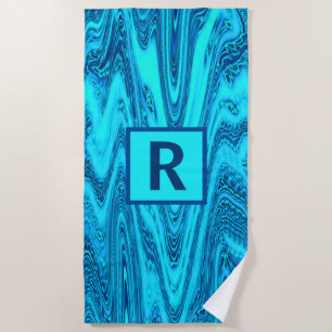 Aquamarine Blue Ocean Waves Abstrakt Monogram Init Strandtuch