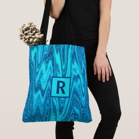 Aquamarine Blue Ocean Waves Abstrakt Monogram Init Tasche (Von Nahem)