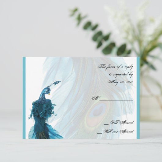 Aquamarine Blue Peacock Plume Response Card RSVP Karte (Stehend Vorderseite)
