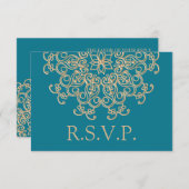 AQUAMARINE BLUE UND GOLD INDIAN RESPONIT RSVP CARD (Vorne/Hinten)
