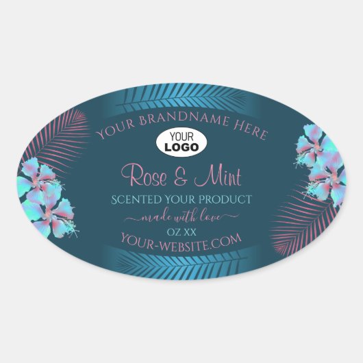 Aquamarine Blumenbezeichnungen Rosa Palm-Blätter L Ovaler Aufkleber (Vorderseite)