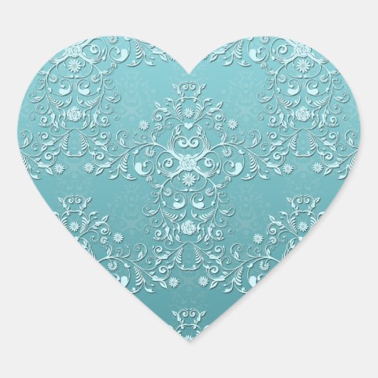Aquamarine BlumenDamaske Herz-Aufkleber (Vorderseite)