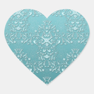 Aquamarine BlumenDamaske Herz-Aufkleber