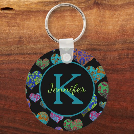 Aquamarine Blumenherzen Anfangsname Monogramm Schlüsselanhänger (Vorderseite)