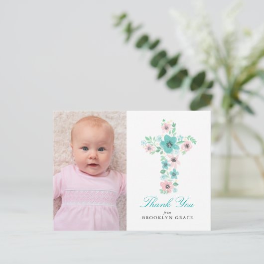Aquamarine Blumenkreuz-Taufe / Christening Danke Postkarte (Stehend Vorderseite)
