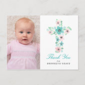 Aquamarine Blumenkreuz-Taufe / Christening Danke Postkarte (Vorderseite)