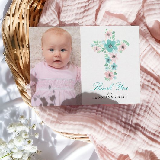Aquamarine Blumenkreuz-Taufe / Christening Danke Postkarte