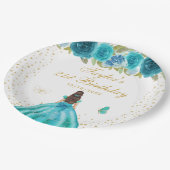 Aquamarine Blumenpraxis Brünette Geburtstagspartei Pappteller (Schrägansicht)