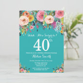 Aquamarine Blumenüberraschung 40. Geburtstag Einla Einladung (Stehend Vorderseite)