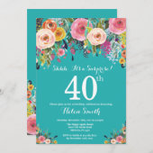 Aquamarine Blumenüberraschung 40. Geburtstag Einla Einladung (Vorne/Hinten)