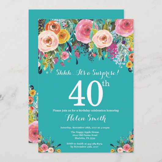 Aquamarine Blumenüberraschung 40. Geburtstag Einla Einladung (Vorne/Hinten)