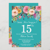 Aquamarine Blumenüberraschung zum 15. Geburtstag E Einladung (Vorne/Hinten)