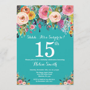 Aquamarine Blumenüberraschung zum 15. Geburtstag E Einladung