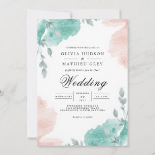 Aquamarine Blush Wash Bloral Hochzeit Einladung