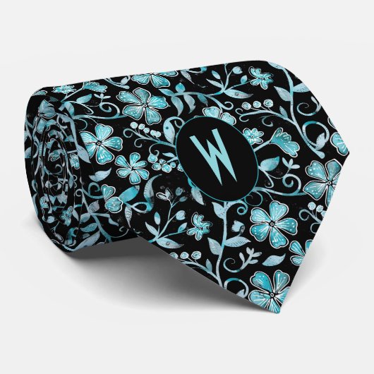 Aquamarine Blüte auf Black Neck Tie Krawatte (Gerollt)