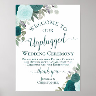 Aquamarine Boho Chic Floral Unplugged Hochzeitsfei Poster