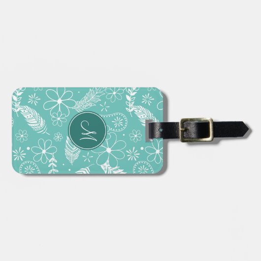 aquamarine Boho Federn Doodle-Blume Gepäckanhänger (Vorderseite horizontal)