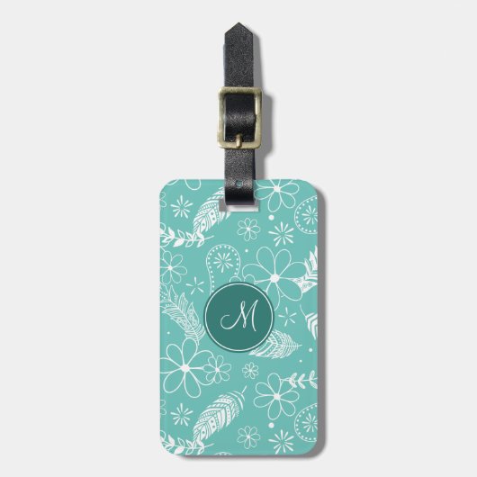 aquamarine Boho Federn Doodle-Blume Gepäckanhänger (Vorderseite vertikal)