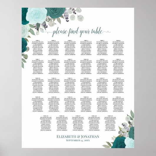 Aquamarine Boho Floral 29 Tabelle Hochzeitskarte Poster (Vorne)