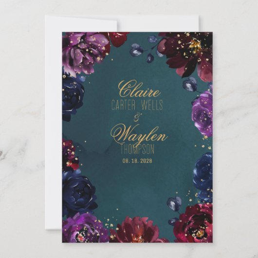 Aquamarine Bordeaux Amethyst Jewel Tone Goldhochze Einladung (Rückseite)