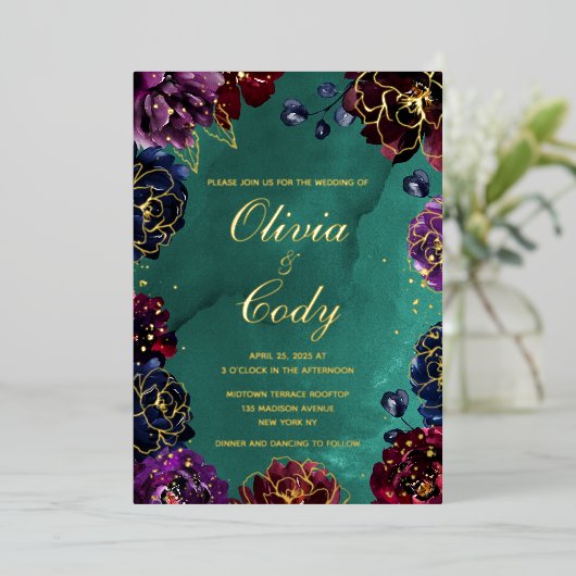 Aquamarine Bordeaux Amethyst Jewel Tone Goldhochze Folieneinladung (Stehend vorne)