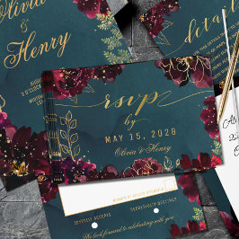 Aquamarine Bordeaux Jewel Tone Hochzeit Keine Wahl RSVP Karte