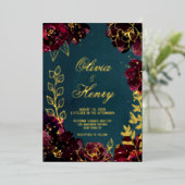 Aquamarine Bordeaux Jewel Töne Nachnamen Hochzeits Folieneinladung (Stehend vorne)