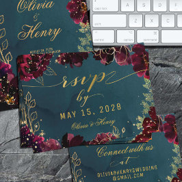 Aquamarine Bordeaux Jewel Tone Wedding RSVP Online Visitenkarte