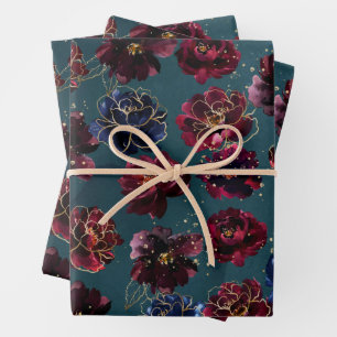 Aquamarine Bordeaux Sapphire Jewel Tone Gold Weddi Geschenkpapier Set