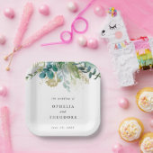 Aquamarine Botanische Hochzeitmonogramm Pappteller (Party)