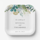 Aquamarine Botanische Hochzeitmonogramm Pappteller (Vorderseite)