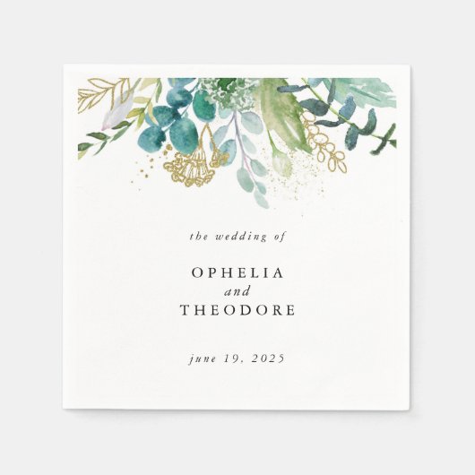 Aquamarine Botanische Hochzeitmonogramm Serviette (Vorderseite)