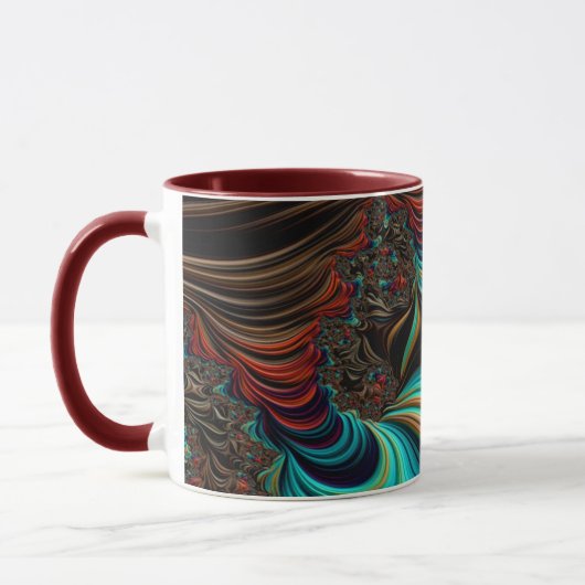 Aquamarine, braune und orangefarbene Fraktal Kunst Tasse (Links)