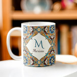 Aquamarine Brauntalkräfte von Talavera bridesmaier Kaffeetasse<br><div class="desc">Aquamarin Blau und braun farbige Vintage mexikanische talavera azulejo Brautmagnaten Geschenke personalisierten Namen mit Monogramm Kaffee Tasse Geschenke für sie</div>