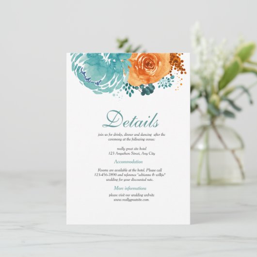 Aquamarine Bunrt Orange Hochzeit im Herbst Details Begleitkarte (Stehend Vorderseite)