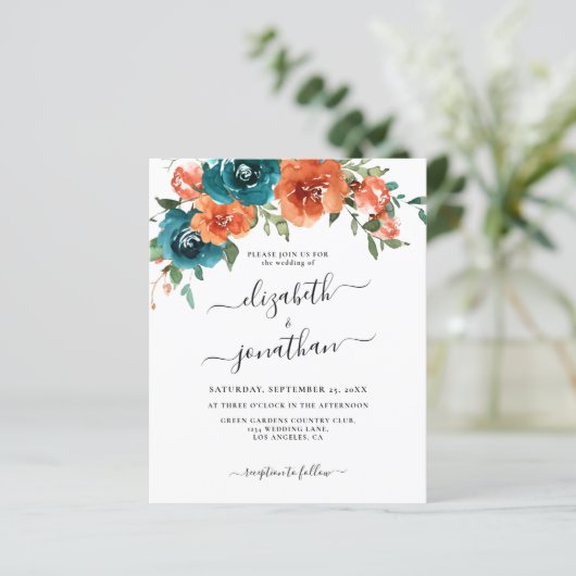 Aquamarine Burnt Orange Blumenzitat Einladung (Stehend Vorderseite)