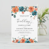 Aquamarine Burnt Orange Boho Wasserfarbenhochzeit Einladung (Stehend Vorderseite)