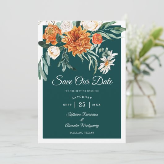 Aquamarine Burnt Orange Elegante Herbsthochzeit Save The Date (Stehend Vorderseite)