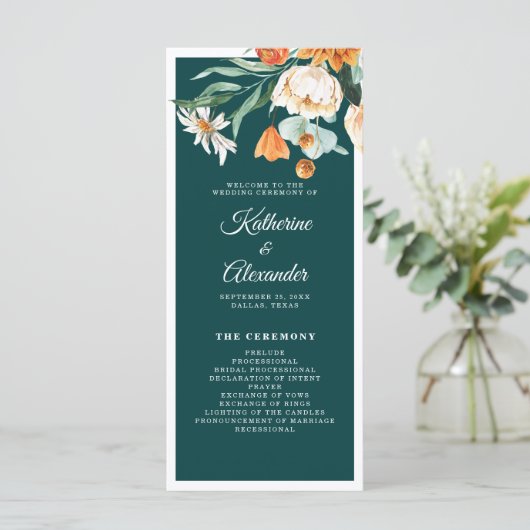 Aquamarine Burnt Orange Floral Elegante Script Hoc Programm (Stehend Vorderseite)