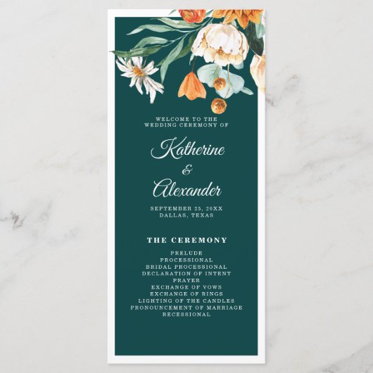 Aquamarine Burnt Orange Floral Elegante Script Hoc Programm (Vorderseite)
