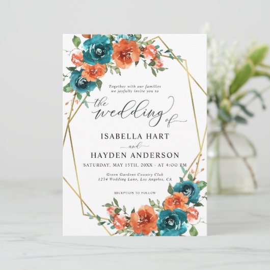 Aquamarine Burnt Orange Floral Gold Rahmen Hochzei Einladung (Stehend Vorderseite)