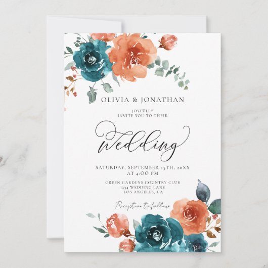 Aquamarine Burnt Orange Rustic Fall Floral Hochzei Einladung (Vorderseite)