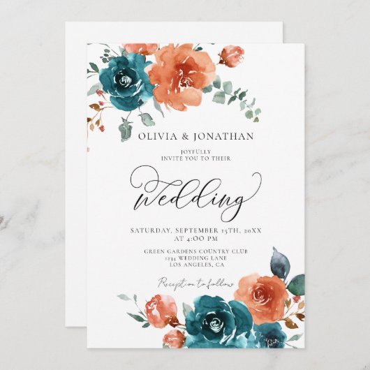 Aquamarine Burnt Orange Rustic Fall Floral Hochzei Einladung (Vorne/Hinten)