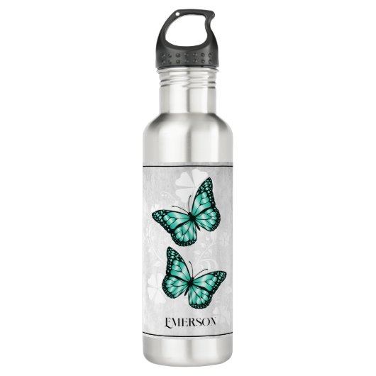 Aquamarine Butterfly Floral Personalisiert Edelstahlflasche (Vorderseite)