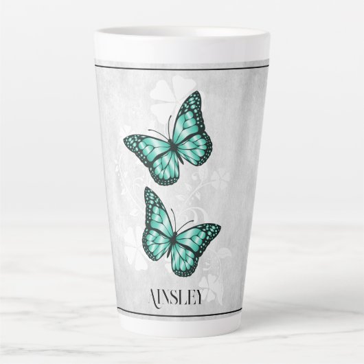 Aquamarine Butterfly Floral Personalisiert Latte T Milchtasse (Vorderseite)